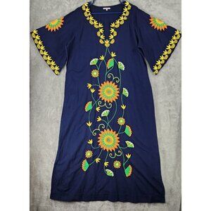 Frances Valentine Caftan Dress Womens 14 Blue Floral Embroidered Mexican Style